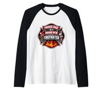 Orgulloso Papá De Un Nuevo Bombero Bombero Mujer Fuego Padre Hijo Camiseta Manga Raglan