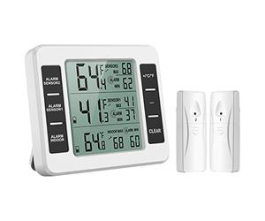 ORIA Termómetro del Refrigerador, Termometro Congelador Digital con 2 Sensores, Termómetro para Nevera para Interior y Exterior con Pantalla LCD y Audible de la Alarma, Registro Max/Min - Blanco