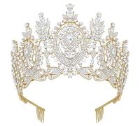 Oriamour Corona de reina de cristal para mujer, tiara de boda alta para novia, cumpleaños, graduación, princesa, membrillo para concurso, corona grande, L, Cristal, estrás