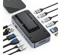 ORICO 11-en-1 USB C-Hub con carcasa SSD M.2, estación de acoplamiento con ventilador, HDMI, DP, Gigabit Ethernet, 100W PD, SD/TF, audio/micrófono, 10 Gbps y 2 x 5 Gbps