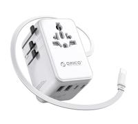 ORICO 70W Adaptador Enchufe Universal, Internacional Adaptador de Viaje con 2 Tomas AC y 5 Puertos USB (1 USB-C retráctil 100W), Enchufe Viaje para EU, Reino Unido, Americano, Australia - UAX(Blanco)