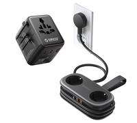 ORICO Kit de Viaje Completo: Regleta de Viaje (Negra) y Adaptador de Enchufe Universal - Solución de Carga 2 en 1 con 2 Tomas y 5 Puertos USB (PD 20W), Compacto para Equipaje