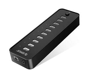 ORICO USB 2.0 Hub 10 Puertos con Interruptores de Alimentación y Adaptador de Corriente 30W (12V2.5A), Hub de Datos de Velocidad 480 Mbps para Ordenador de Sobremesa PC Portátil MacBook iMac