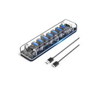 ORICO USB 3.0 Hub, 7 Transparent USB 3.0 Ports with Blue Indicator Light and Two Power Ports, 1M USB A to B Cable