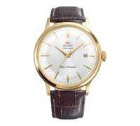 Orient Bambino RA-AC0028S30B - Reloj mecánico automático de vestir para hombre, esfera blanca, caja de acero inoxidable PVD dorado, correa de cuero marrón, cristal mineral abovedado y visualización de