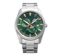 Orient Stretto Sun & Moon RA-AK0314E30B41.5mm - Reloj mecánico automático para hombre, esfera verde, caja y pulsera de acero inoxidable, cristal de zafiro, fondo de caja de exposición y visualización