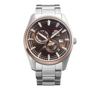 Orient Stretto Sun & Moon RA-AK0313Y30B - Reloj mecánico automático para hombre, esfera marrón, caja y pulsera de acero inoxidable, cristal de zafiro, fondo de caja de exposición y visualización de