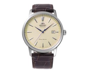 Orient Contemporary Symphony III - Reloj de Hombre automático y de Carga Manual, mecánico, Informal, Correa de Piel marrón, Caja de Acero Inoxidable, Esfera analógica Amarilla - RA-AC0F16S