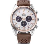 Orient Stretto Cronógrafo Solar 40 mm Esfera Blanca Correa de Cuero marrón, Blanco, Clásico