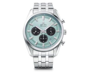 Orient Stretto Reloj solar con cronógrafo, 40 mm, esfera azul cielo, correa de acero, reloj de pulsera para hombre RA-TX0304L10B, Azul