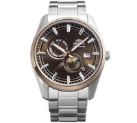 Orient Stretto Sun & Moon RA-AK0313Y30B - Reloj mecánico automático para hombre, esfera marrón, caja y pulsera de acero inoxidable, cristal de zafiro, fondo de caja de exposición y visualización de