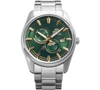 Orient Stretto Sun & Moon RA-AK0314E30B41.5mm - Reloj mecánico automático para hombre, esfera verde, caja y pulsera de acero inoxidable, cristal de zafiro, fondo de caja de exposición y visualización