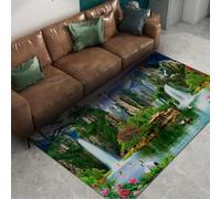 Oriental Alfombra 60x120 de área Paisaje Cascada China Salón Alfombrilla Lavable Tapete Suave Que no muda Pelo para Cocina Comedor Dormitorio Pintoresca del río Loto Flor Suelo