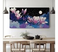 Oriental Cielo Nocturno Luna Flores Magnolia Lienzo decorativo con marco Vintage e impresión artística para pared de salón y habitación, incluye kit de montaje y requiere fácil montaje 120 x 60 cm