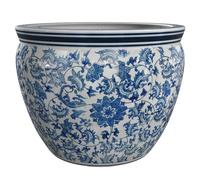 ORIENTAL FURNITURE Red Lantern 16" Floral Blue & White Porcelain Fishbowl Planter