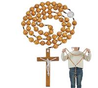 ORIGACH 2 piezas Crucifijo grande redondo hecho a mano con rosario de madera decoración de pared de madera maciza Cruz de pared cristiana con motivo de Jesús regalo para iglesias y decoración del