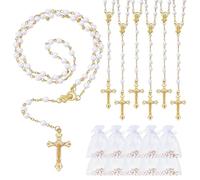 ORIGACH 36 collares de rosario de perlas blancas a granel, rosario católico con colgante de cruz de oro y Nuestra Señora de María con bolsas de organza, regalos religiosos para primera comunión