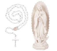 ORIGACH Estatua de María Nuestra Señora de la Gracia Con Rosario Cadena De Cuentas De Madera Estatua De Resina Blanca Regalo Católico Para Mujeres Decoración Religiosa del Hogar 29.7 cm