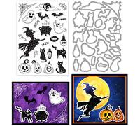 ORIGACH Halloween temática clara sellos y troqueles para la tarjeta que hace, Halloween bruja calabaza fantasma sellos de silicona troqueles de corte para DIY Scrapbooking
