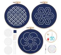ORIGACH Juego de 3 Sashiko con plantilla para principiantes y adultos, kit de práctica Sashiko para colgar en la pared, incluye hilo, agujas, tela y aro de costura a mano para regalo de inauguración