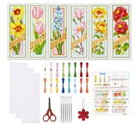 ORIGACH Juego de 6 marcadores de punto de cruz con flores de primavera, juego de marcapáginas para principiantes, juego de punto de cruz con instrucciones preimpresas, juego de marcadores de bordado