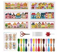 ORIGACH Juego de 6 marcapáginas de punto de cruz de casas pequeñas para principiantes, kits de punto de cruz con estampado de Little Town con instrucciones para adultos amantes de los marcadores