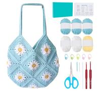 ORIGACH Juego de bolsa de ganchillo para principiantes, DIY Daisy Granny Square Bag Starter Crochet para adultos con instrucciones de vídeo paso a paso, azul aguamarina