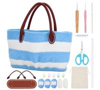 ORIGACH Juego de ganchillo a rayas azules Bolsa DIY Crochet Set para principiantes con correa de cuero de PU y fondo conjunto completo de ganchillo para hacer una bolsa de hilo incluye agujas de