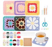 ORIGACH Kit cuadrado de ganchillo 6 en 1 para principiantes y adultos, hecho a mano, kit de ganchillo cuadrado de granny Daisy Granny Square Crochet Set con alfombrilla de bloqueo de ganchillo,
