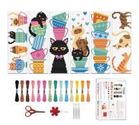 ORIGACH Kit de marcadores y marcapáginas para principiantes, taza de té de gato, kits de punto de cruz impresos