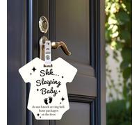 ORIGACH Paquete de 2 letreros colgantes acrílicos con forma de ropa de bebé durmiendo, no golpear ni tocar la campana, placa con correa para colgar y clip para habitación de bebé, guardería, puerta
