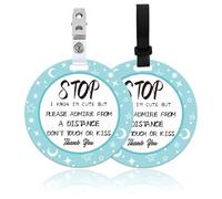 ORIGACH Paquete de 2 letreros de luna y estrellas con texto en inglés "Don't Touch or Kiss Baby" (Stop Do Not Touch) para asiento de coche de bebé, etiquetas para cochecito con correa para colgar y