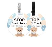 ORIGACH Paquete de 2 letreros de oso que no tocarán para bebé, con texto en inglés "Stop Do Not Touching", etiquetas para asiento de coche con correa para colgar y clip, letrero de bebé para recién