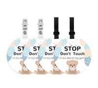 ORIGACH Paquete de 4 letreros de oso globo con texto en inglés "Do Not Touch" para asiento de coche de bebé con correa para colgar y clip para recién nacido, niña y niño