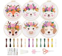 ORIGACH Paquete de 6 kits de bordado de corona floral y animales para principiantes, kit de bordado a mano con patrones florales y perros, conejo, zorro e instrucciones para adultos y mujeres