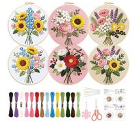 ORIGACH Paquete de 6 kits de bordado de ramo de flores para principiantes, kit de bordado a mano con patrones de girasol, rosa, lavanda e instrucciones para adultos y mujeres
