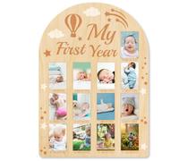 ORIGACH Pizarra de madera con texto en inglés «My First Year Baby Growth», marco de fotos de hitos para recién nacidos de 12 meses, tablero de recuerdo neutro para bebé, fiesta de primer cumpleaños,