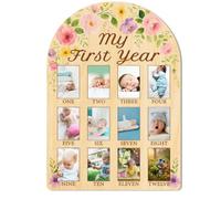 ORIGACH Pizarra de madera con texto en inglés «My First Year Baby Growth», tablero de fotos de hitos para recién nacidos de 12 meses, tablero de recuerdo neutro para bebé, fiesta de primer cumpleaños