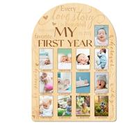 ORIGACH Pizarra de madera con texto en inglés «My First Year Baby Growth», tablero de fotos de hitos para recién nacidos de 12 meses, tablero de recuerdo neutro para bebé, fiesta de primer cumpleaños