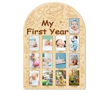 ORIGACH Pizarra de madera con texto en inglés «My First Year Baby Growth», tablero de fotos de hitos para recién nacidos de 12 meses, tablero de recuerdo neutro para bebé, fiesta de primer cumpleaños