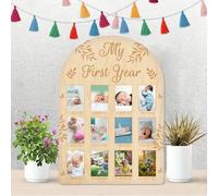 ORIGACH Pizarra de madera con texto en inglés «My First Year», marco de fotos de hitos para recién nacidos de 12 meses, tablero de recuerdo neutro para bebé, fiesta de primer cumpleaños, decoración de
