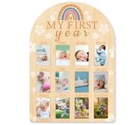 ORIGACH Tablero de madera para fotos de primer año, marco de fotos de hitos recién nacidos de 12 meses, decoraciones neutras de primer cumpleaños para bebé, decoración de guardería de niños y niñas,