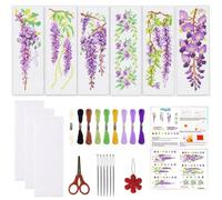 ORIGACH Wisteria - Juego de 6 marcapáginas de punto de cruz con diseño floral de Wisteria, juego de marcapáginas para principiantes, punto de cruz con instrucciones preimpresas, juego de marcapáginas
