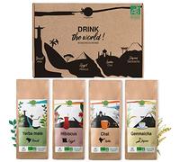 ORIGEENS CAJA INFUSIONES BIO “BEBIDAS DEL MUNDO” - Infusiones variadas de flor de jamaica, yerba mate, te chai, té verde, genmaicha - Caja te Ecológico 4x80gr - Tea gift set