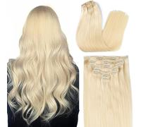 ORIGEN Extensiones de cabello humano real con clip, extensiones de cabello Remy para mujer, cabeza completa, color rubio platino, 120 g, 16 clips, 7 unidades, 22 pulgadas