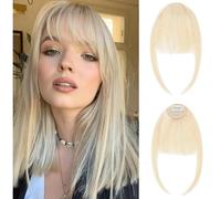 ORIGEN - Flequillo con clip de cabello humano real, flequillo fino con patillas, extensiones de flequillo frontal falso para mujer, color rubio hielo