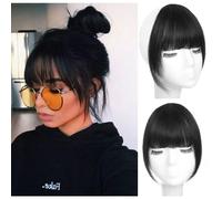 ORIGEN - Flequillo con clip de cabello humano real, flequillo fino con patillas, extensiones de flequillo frontal falso para mujer, color negro a
