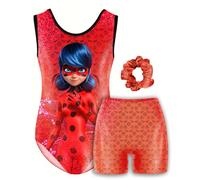 Original Corner Miraculous Oficial - Conjunto de Gimnasia Ladybug Niña (130 cm) - Maillot & Shorts Brillantes + Coletero - Para Niñas de 7 a 8 Años - Gimnasia, Danza, Rítmica & Circo