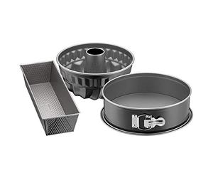 Original Kaiser Moldes para hornear: juego con molde redondo desmontable Ø26 cm, Bundt Ø22 cm y rectangular 30 cm, gris