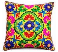 Original Kikan Suzani, funda de cojín multicolor con bordado floral, 16 x 16 pulgadas, estilo étnico indio, Takiya, con cremallera en la parte posterior (amarillo)